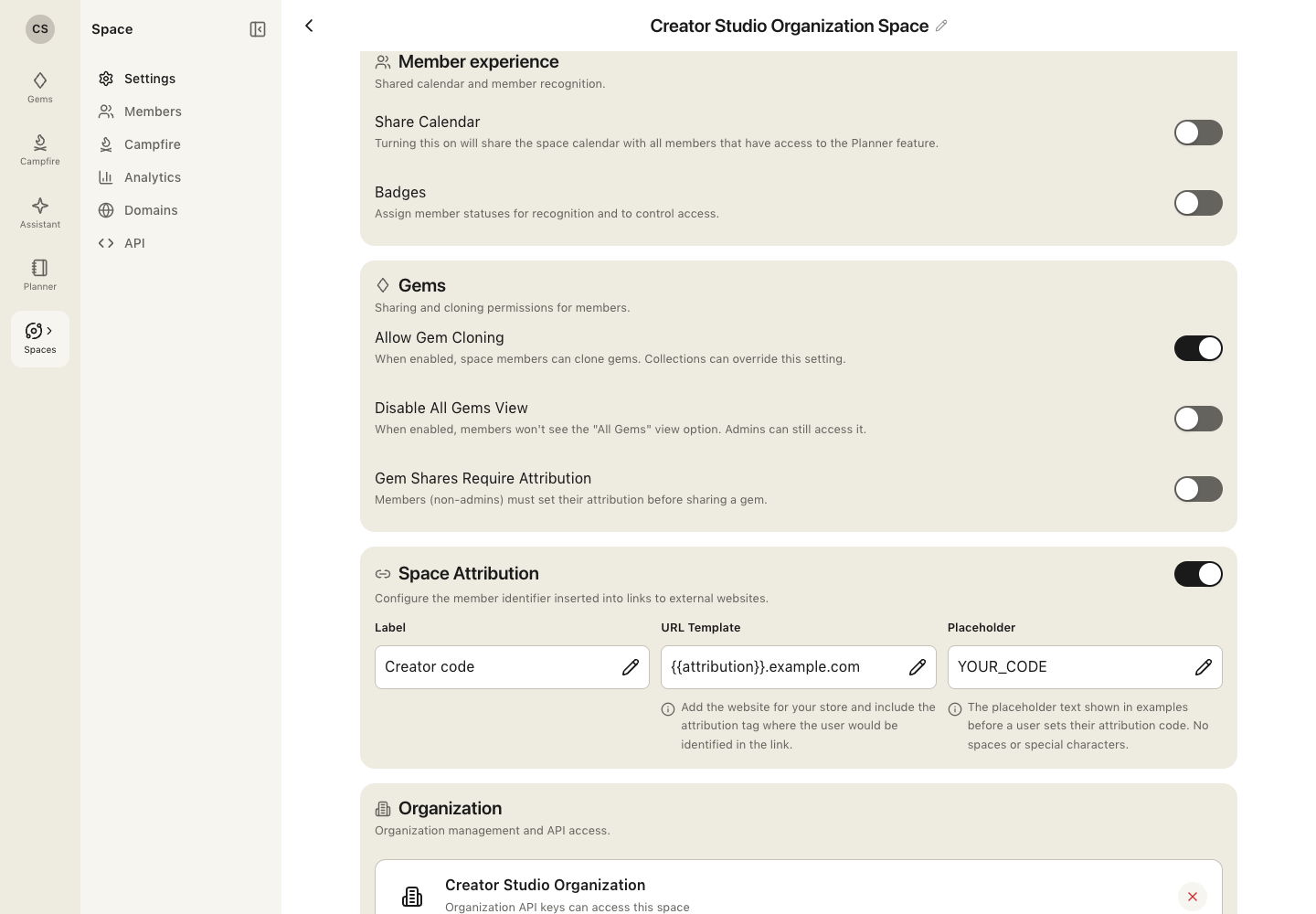 AiCE product capture showing team Gem access and sharing controls